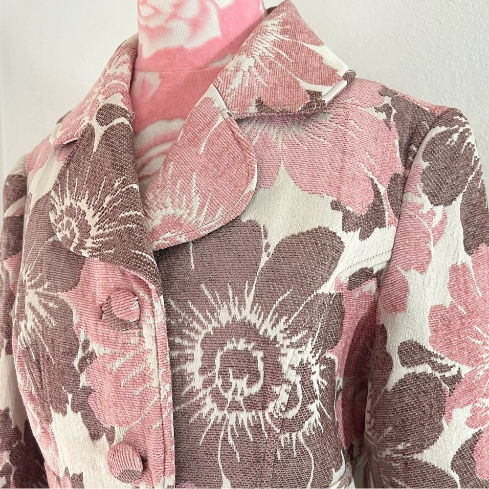 Anthropologie Pink Floral Bell Sleeve Long Winter Coat Size 12 Flocked Coquette - Picture 5 of 8